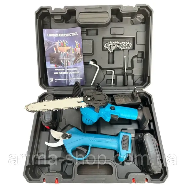 Набір акумуляторних садових інструментів МКС 1016-9 секатор та пила, в кейсі, фото 1