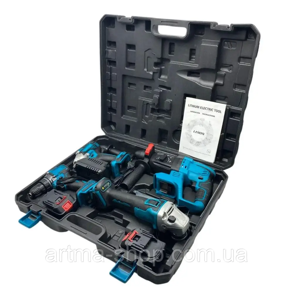 Набір акумуляторного електроінструменту 4в1 в кейсі шуруповерт/УШМ/перфоратор/гайковерт, фото 1
