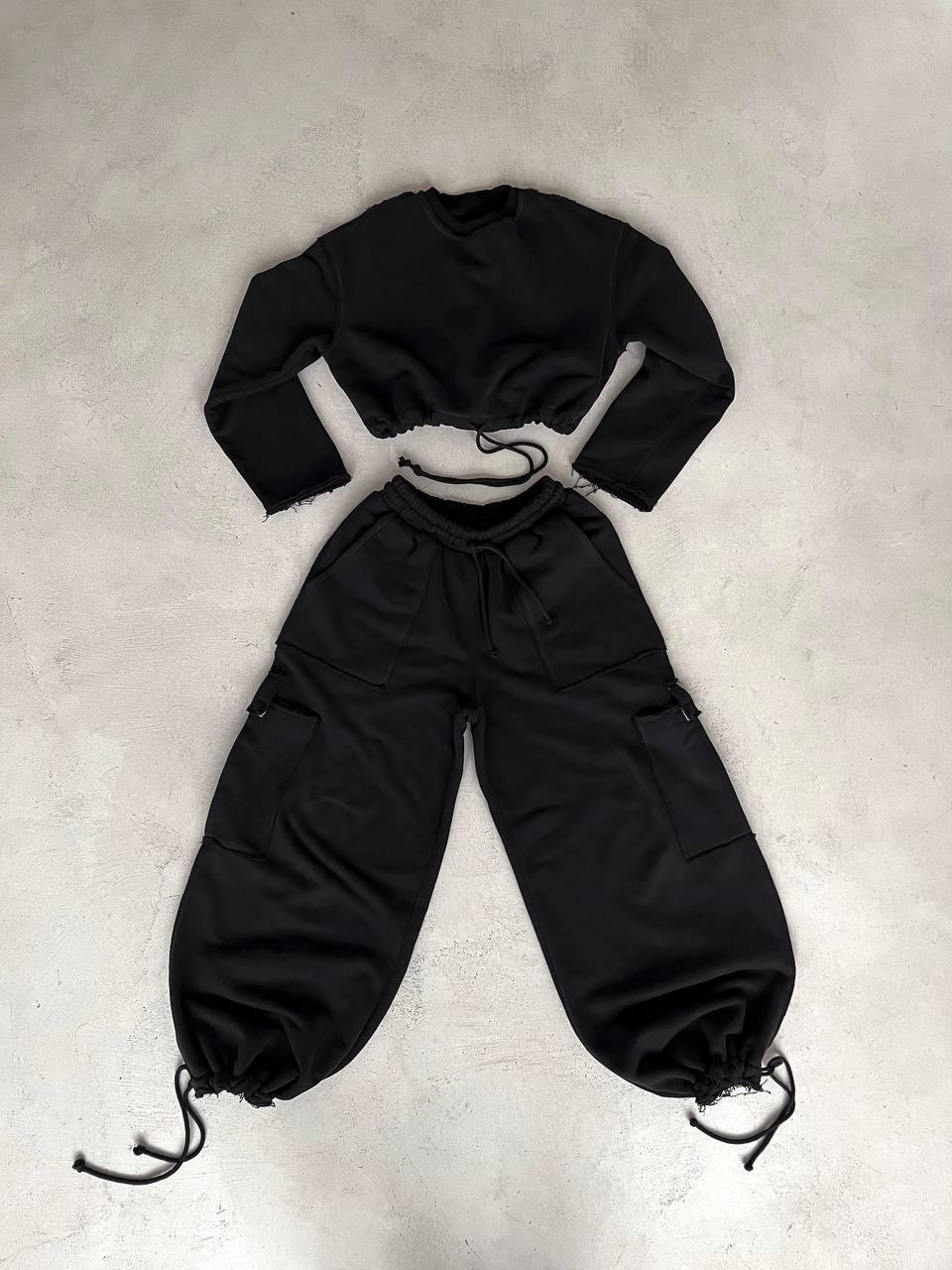 Чорний стильний жіночий повсякденний костюм-двійка тринитка петля: Штани палаццо і Худі оверсайз, фото 1