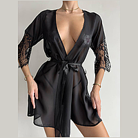 Прозорий халат з мережива сексуальний жіночий чорний короткий з трусиками