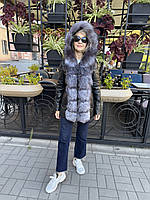 Куртка жіноча шкіряна натуральна чорна з капюшоном і хутром лисиці зі знімними рукавами