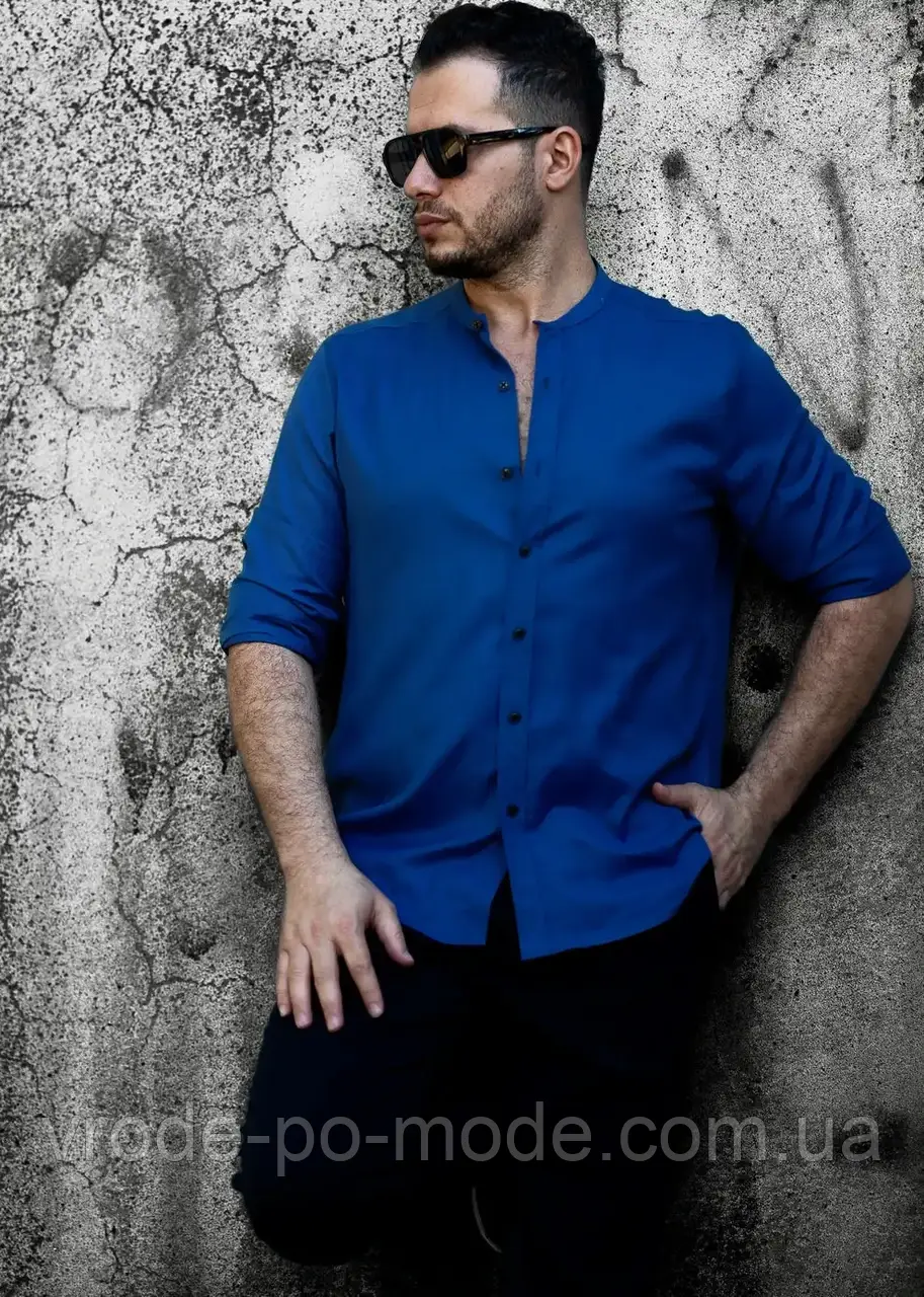 Стильна бавовняна синя сорочка молодіжна, з довгим рукавом та модним коміром стійкою, Туреччина