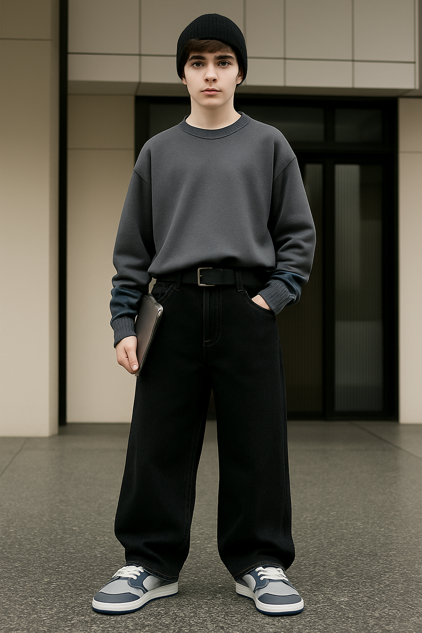 Джинси LNYB теплі баггі скейтери на флісі для хлопчика 9-13 років, широкі утеплені,Чорний 134, фото 1