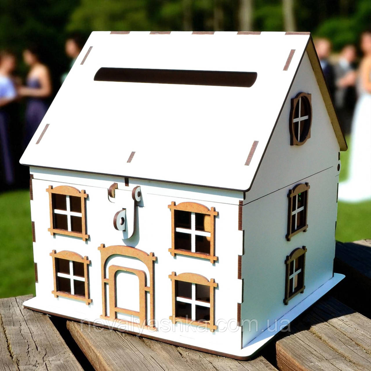 Дерев'яний Будиночок Біла Коробка 20х20х22 см Весільна Скарбниця Будинок для Грошей Скриня Скарбничка на Весілля Дом Коробочка