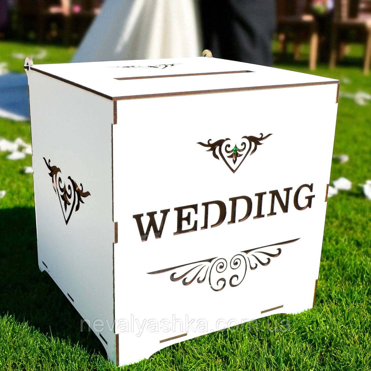 Дерев'яна Коробка на Весілля 23х22х21 см Весільна Скарбниця Коробочка для Грошей Скриня Скарбничка Біла Веддінг Wedding, фото 1