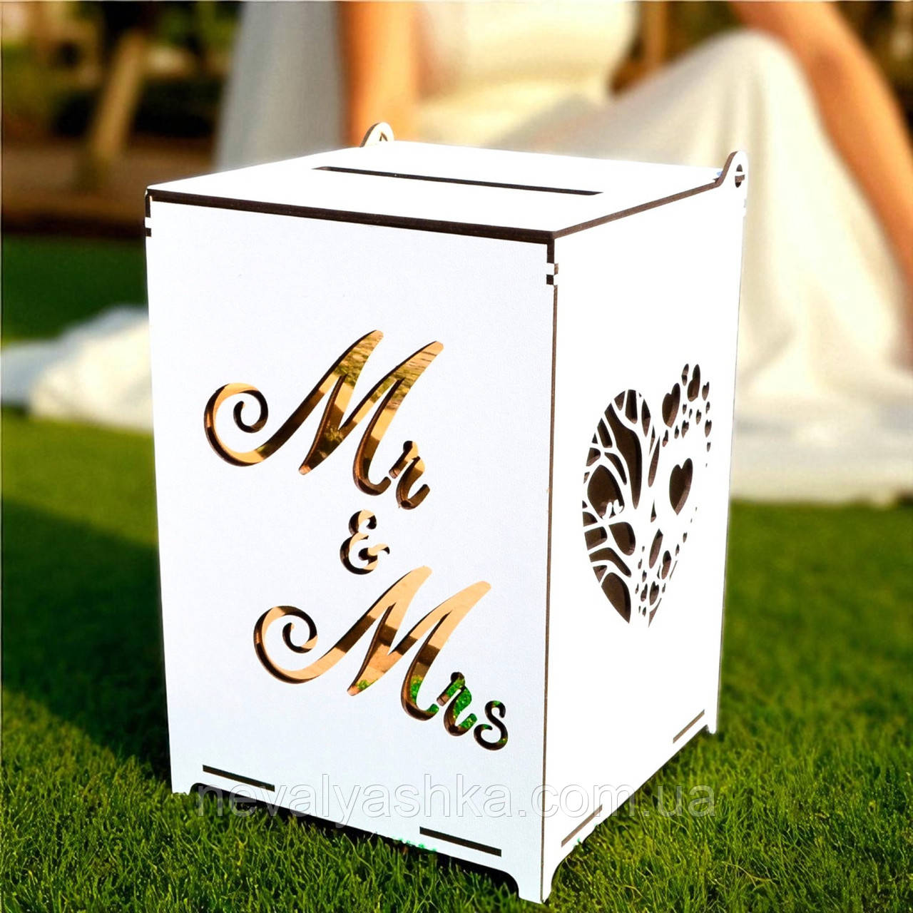 Дерев'яна Коробка на Весілля Mr&Mrs 26х18х18 см Весільна Скринька Коробочка для Грошей Конвертів Скарбничка Біла Містер Міссіс