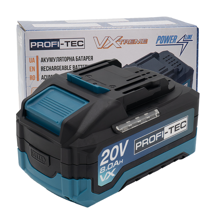 Акумуляторна батарея PROFI-TEC PT2080VX POWERLine : 20V, 8.0Аh, з індикатором заряду, високострумова (007020)