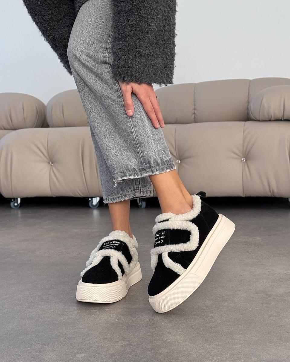 Натуральна замша /зимові кросівки на липучці чорно-білі, фото 1