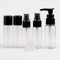 Дорожній набір ємностей для косметики 6 предметів у прозорій косметичці, фото 1