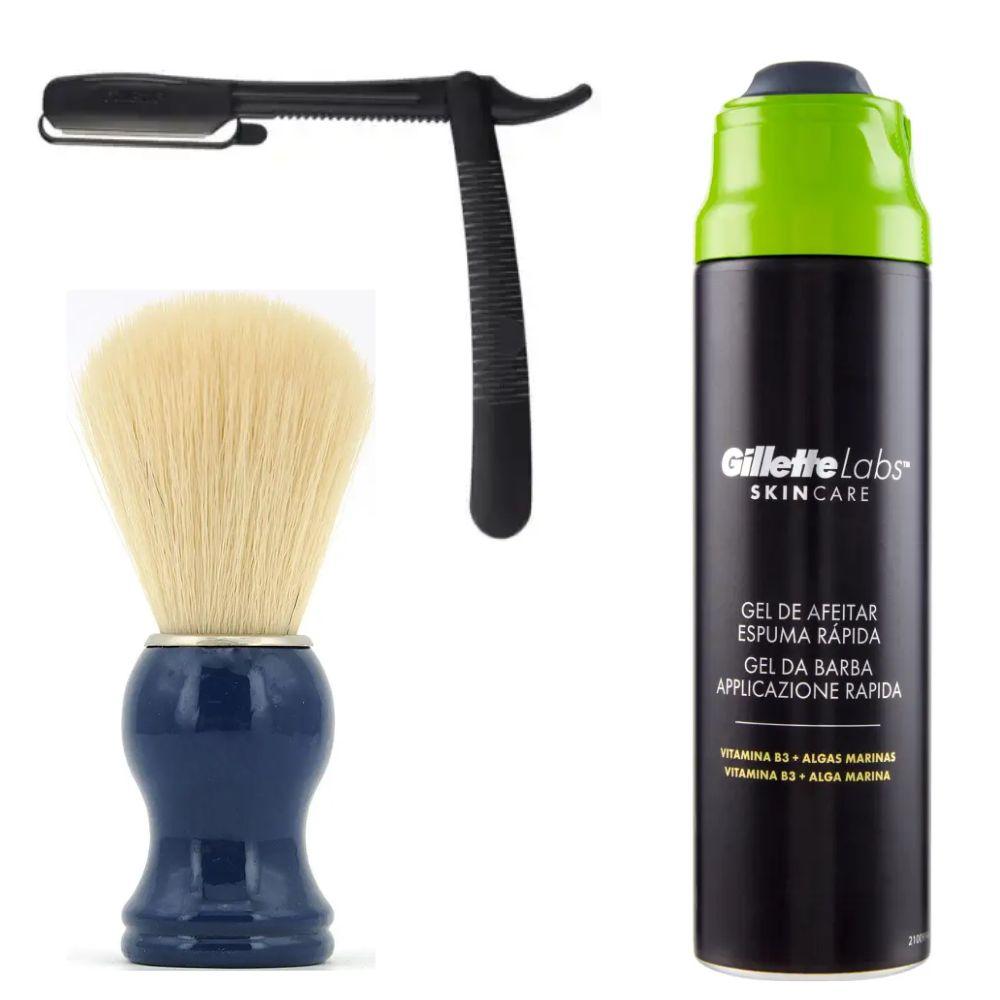 Одноразова небезпечна бритва Gillette Premium Platinum Blades + помазок SHIMA борсук + гель для гоління Gillette Labs Gel 198 мл, фото 1
