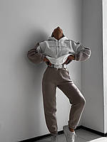 Жіночий стильний теплий костюм на флісі з вишивкою: 42-44, 46-48. Кольори: молочний, сіро-бежевий