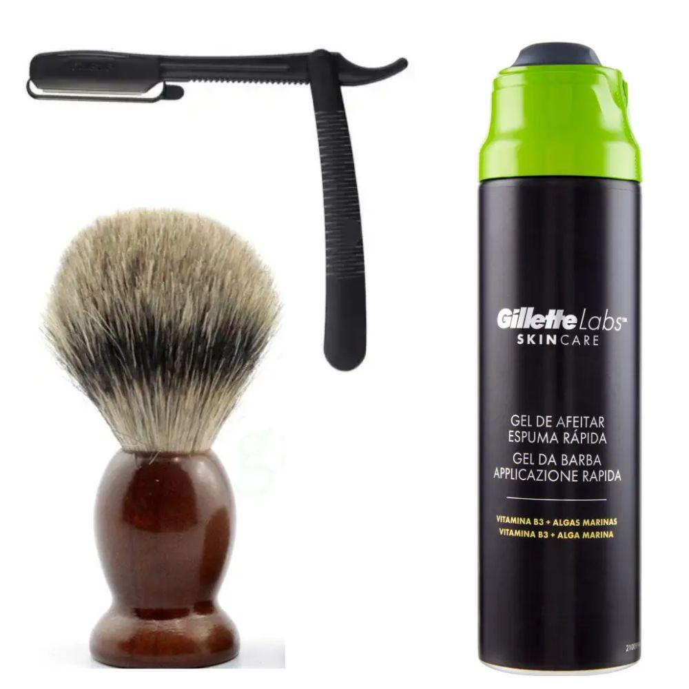 Одноразова небезпечна бритва Gillette Premium Platinum Blades + помазок з дерева Shima борcук + гель для гоління Gillette Labs Gel, фото 1