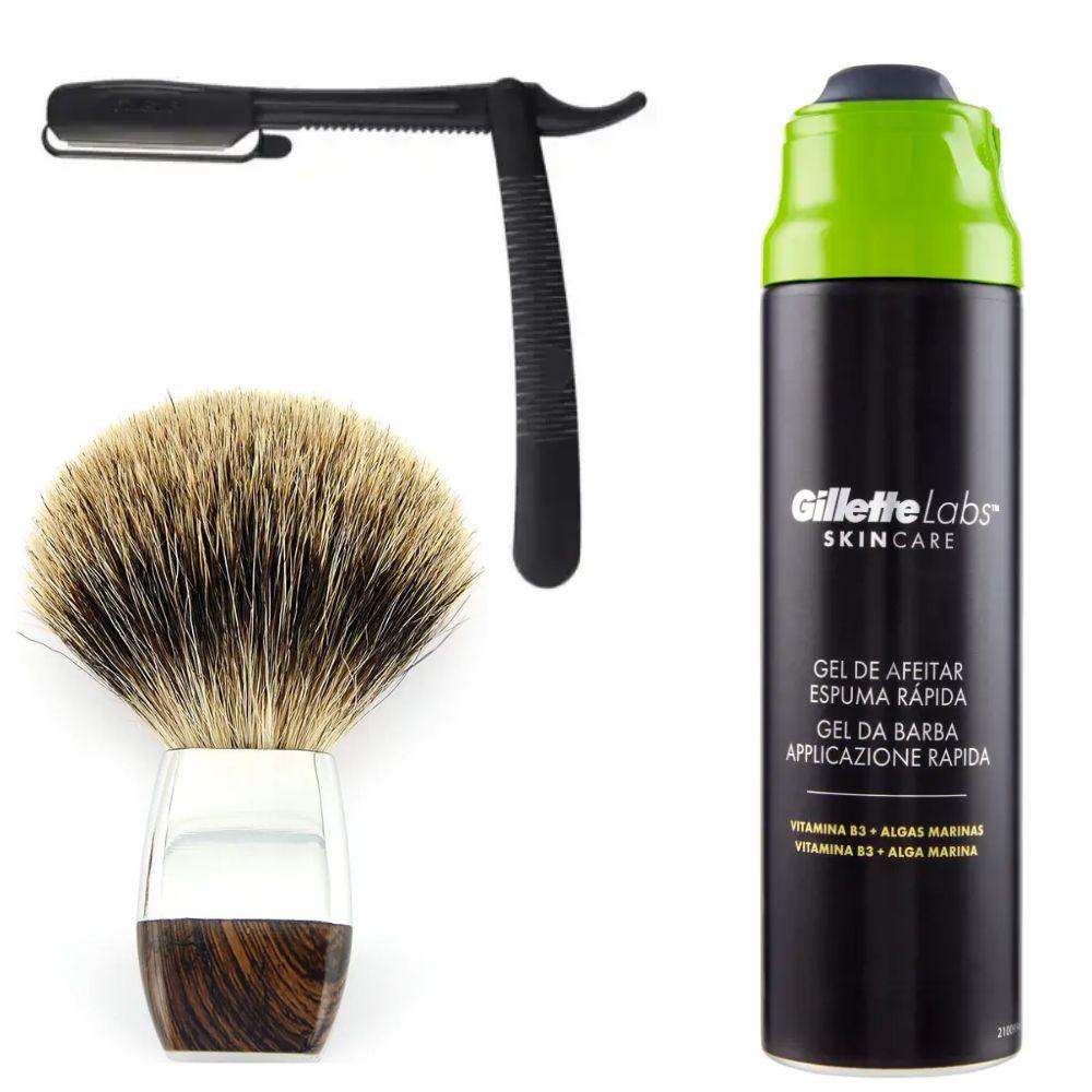 Одноразова небезпечна бритва Gillette Platinum Premium Platinum Blades + помазок борсук + гель для гоління Gillette Labs Gel 198мл, фото 1