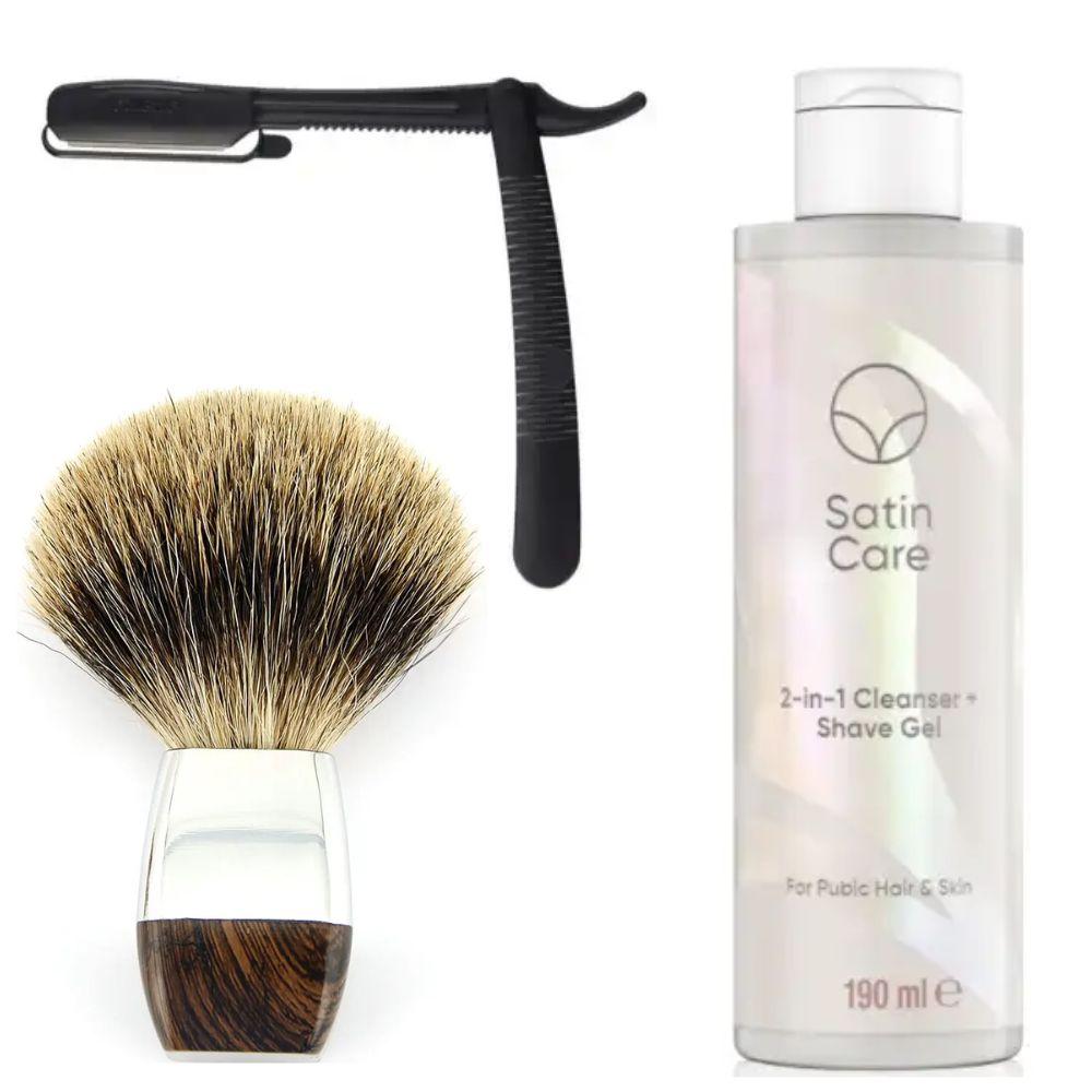 Одноразова небезпечна бритва Gillette Premium Platinum Blades + помазок борсук + гель для гоління Gillette Venus Venus Satin Care, фото 1