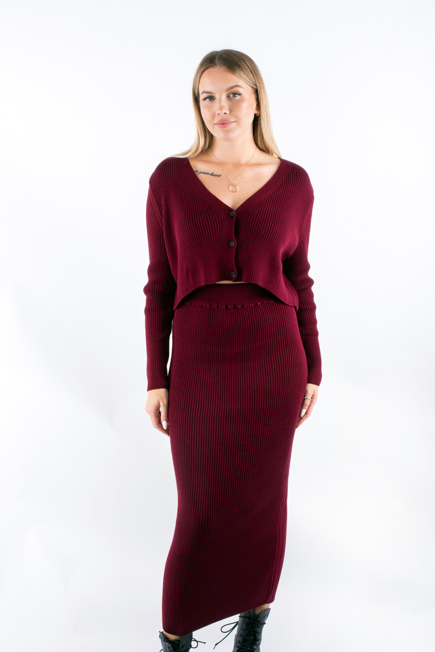 Костюм вʼязаний зі спідницею та кардиганом бургунді 102244 (2000000142746), фото 1