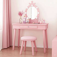 Туалетний столик стіл косметичний + табурет стілець Bonro B-084 рожевий з дзеркалом і LED підсвічуванням для макіяжу