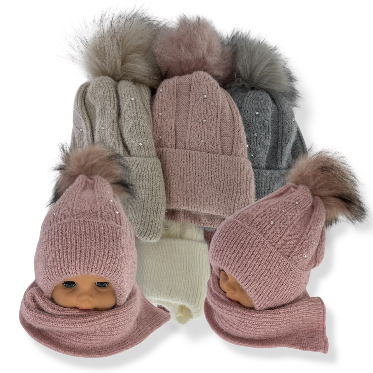 ОПТ Комплект для дівчинки шапка на зав'язках і шарф, р. 50-52 (5 шт./набір), фото 1