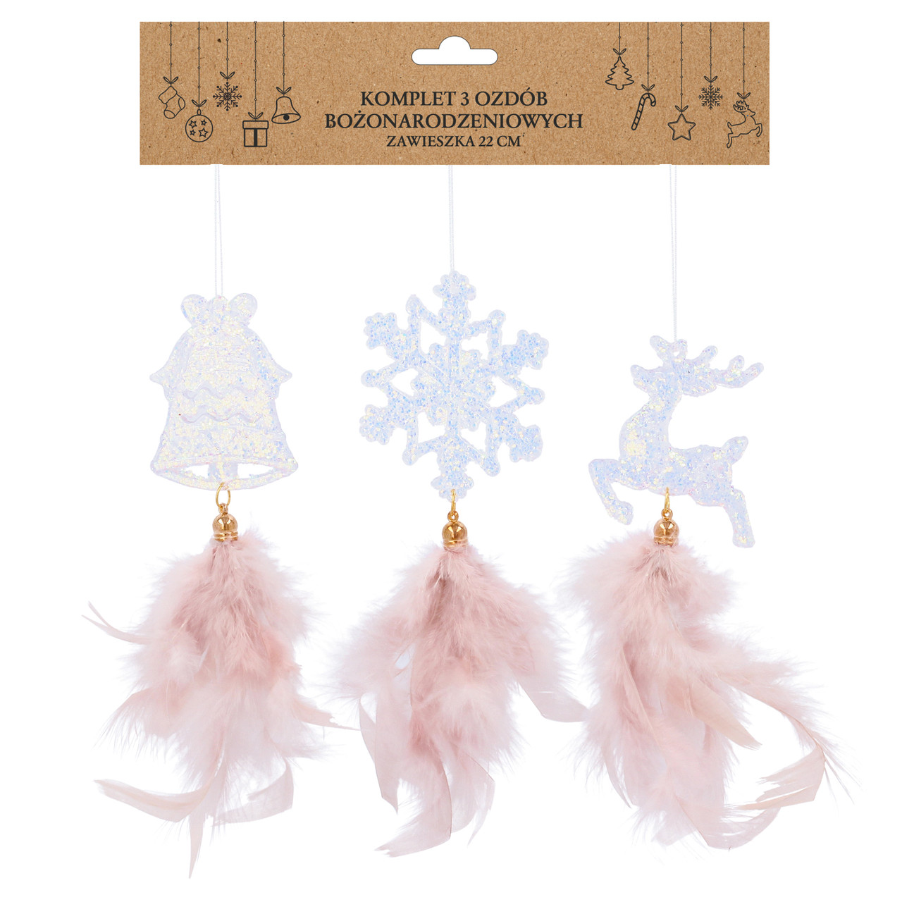 Прикраса-підвіска Chomik Олень, Дзвіночок, Сніжинка з пір'ям 22 см, комплект 3шт, шампань