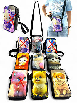 Дитяча сумочка для телефона 19,5*11 см на блискавці з довгим ремінцем принт у різних варіантах Kay