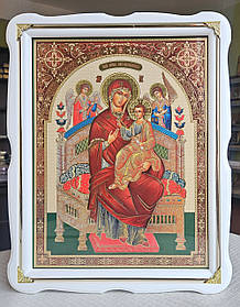 Ікона Пресвята Богородиця Всецариця в білому фігурному кіоті з декоративними куточками, розмір 37*47,сюжет 30×40.