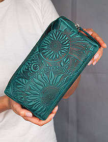 Велика шкіряна косметичка з тисненням Соняхи кольору Морської хвилі