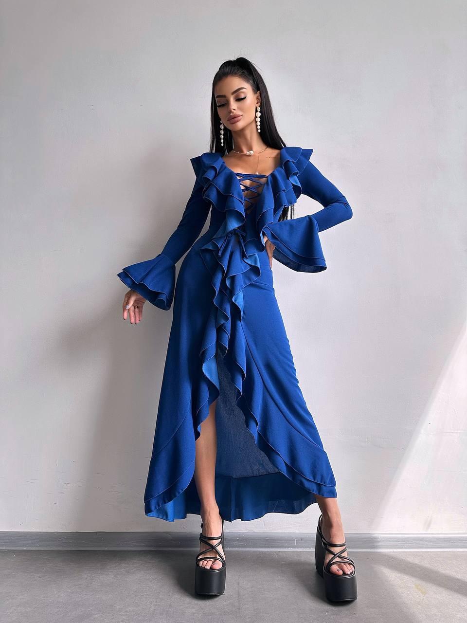 Жіноче міді плаття з воланом по всій довжині та шнурівкою на грудях (р. 42, 44) 66py6128Е, фото 1