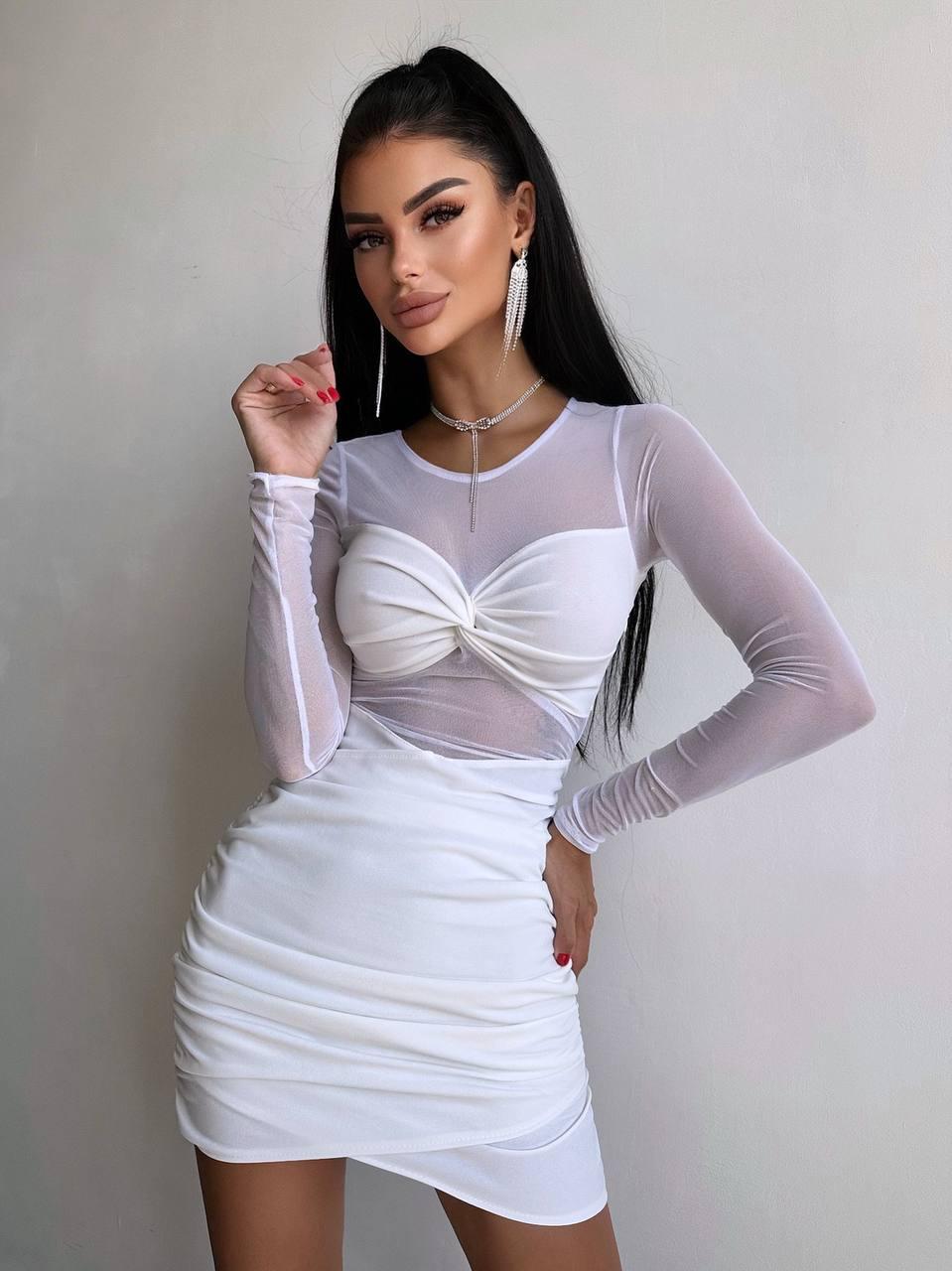 Жіноче міні плаття із сітки з драпіруванням і асиметричною спідницею (р. S, М) 66py6131Е, фото 1