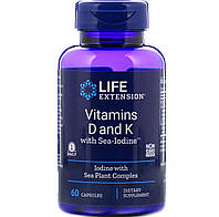 Витамин D и К с йодом, Vitamins D and K with Sea-Iodine, Life Extension, 60 капсул