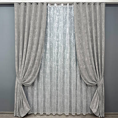 Комплект (2шт 1x2,7м + 3х2,7м) штор з тюлем "Жакард Мармур", колір світло-сірий з білим (1124ш-1400т) 71-058/1