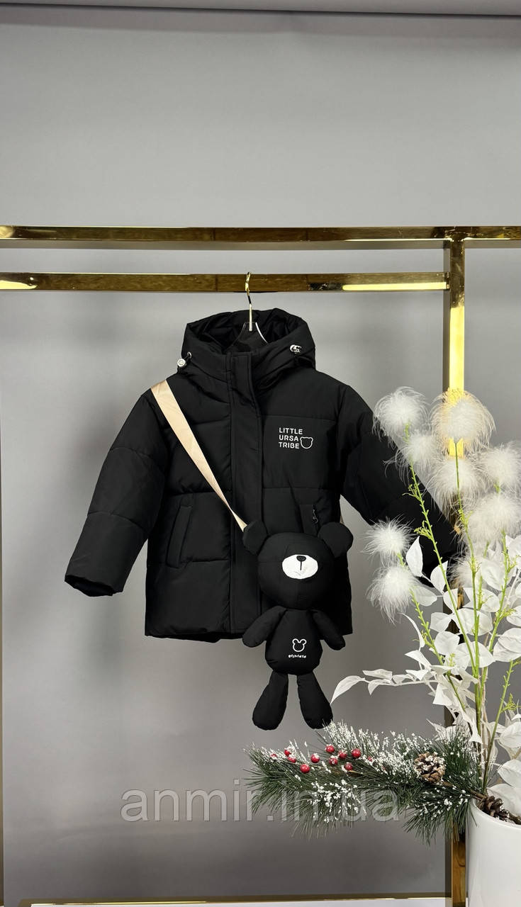 Куртка дитяча зимова стьобана з іграшкою МІШКА для дівчинки 3-7 років, колір чорний