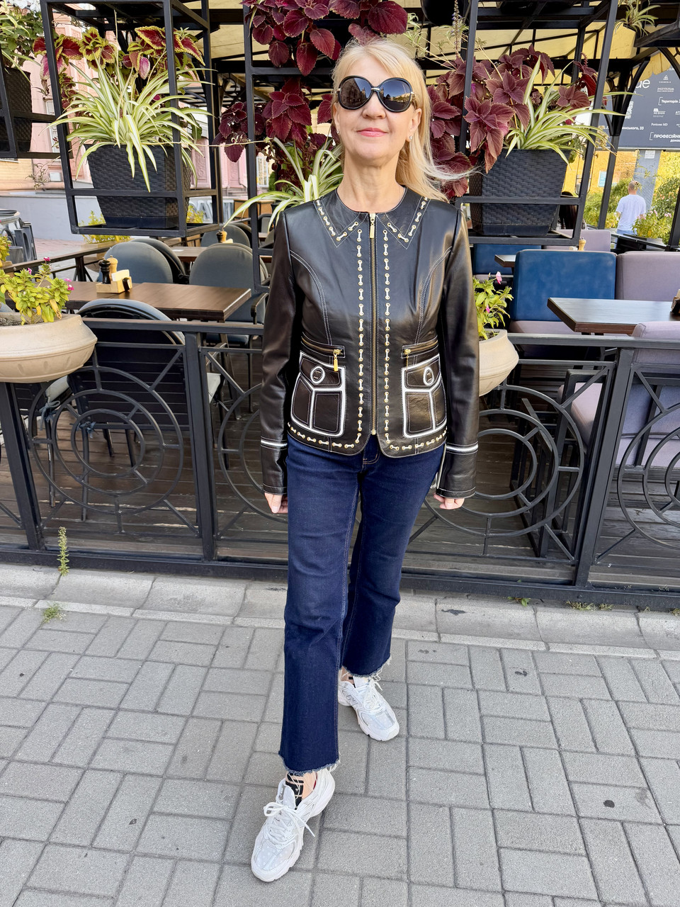 Куртка піджак шкіряна натуральна на блискавці чорна з білими вставками