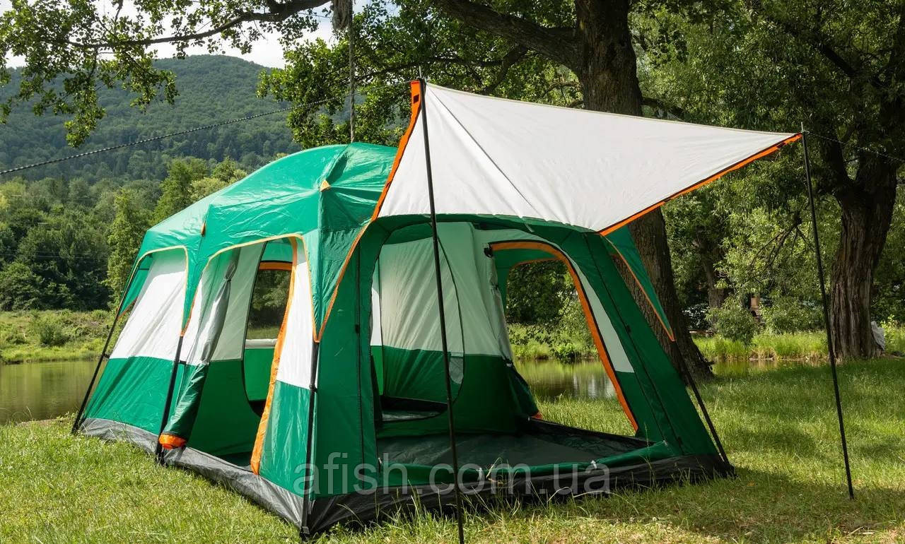 Намет з тентом кемпінговий на 6-8 осіб 330*220*185см зелений, фото 1