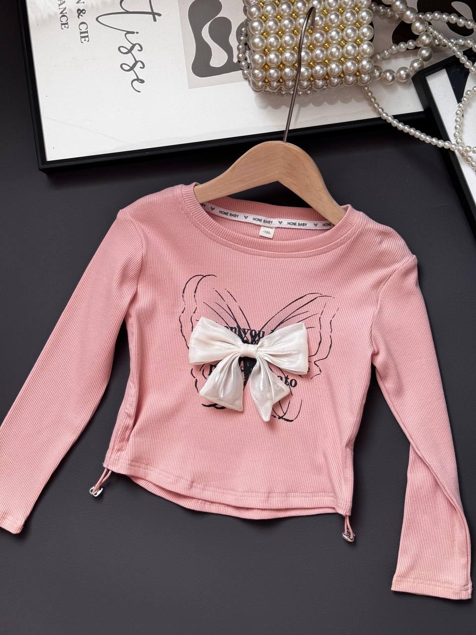 Модна кофта для дівчинки з бантиком в рубчик Рожевий 9951, Xiyouhike, Рожевий, Для дівчаток, Весна Осінь, 104, фото 1