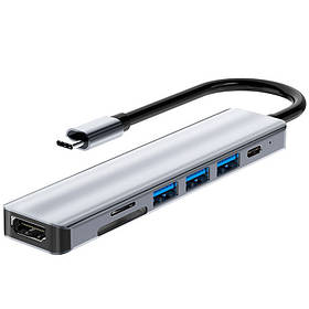 Концентратор USB-хаб RIAS YG-2120 7в1 Type-C HDMI/3×USB/TF+SD Grey (3_07196)