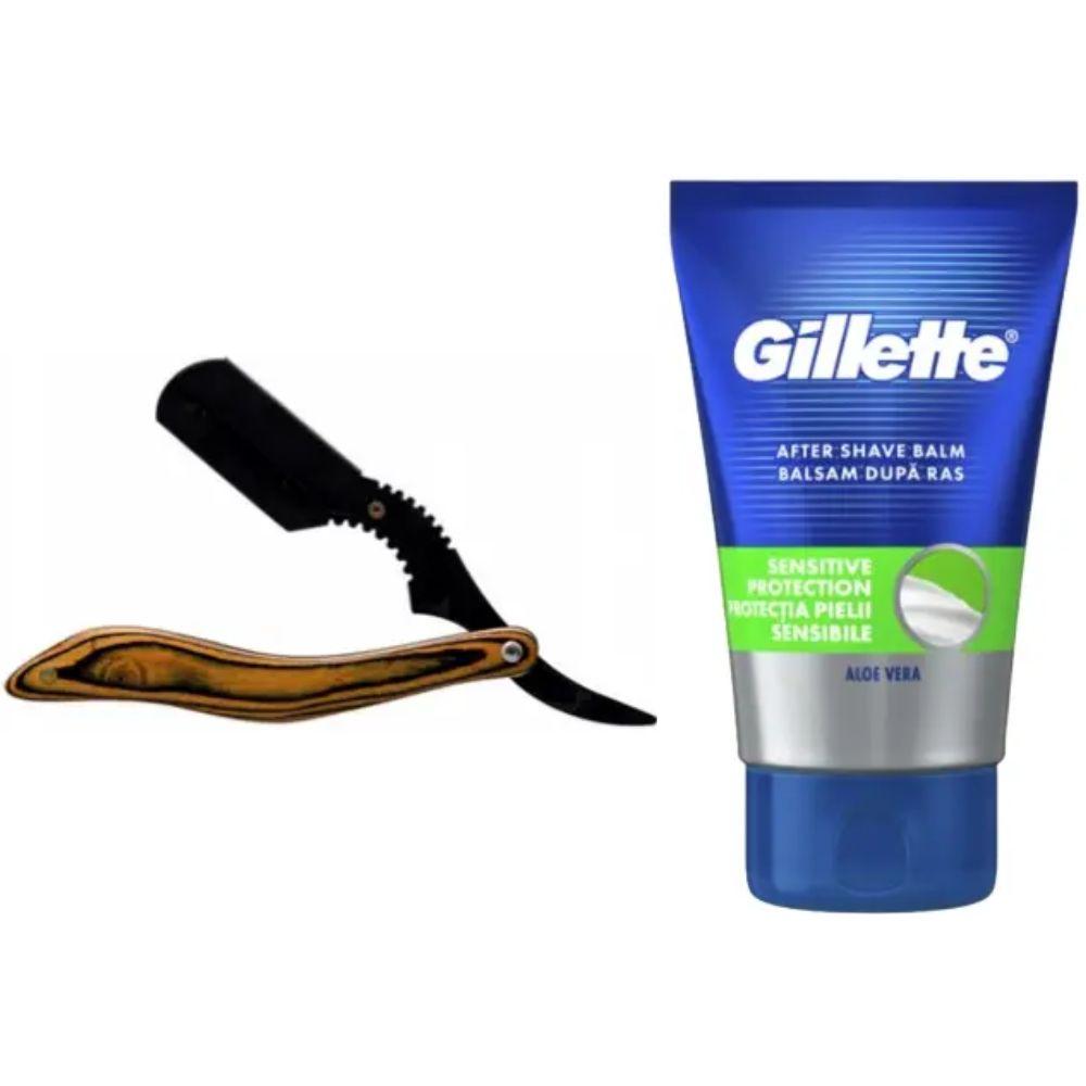Небезпечна бритва/шавета розкладна Straight Razor + бальзам після гоління Gillette Sensitive Protection, фото 1