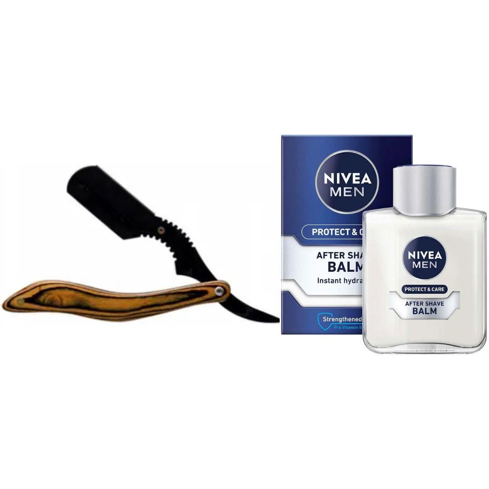 Небезпечна бритва/шавета розкладна Straight Razor + бальзам після гоління Nivea Men Protect & Care 100 мл, фото 1