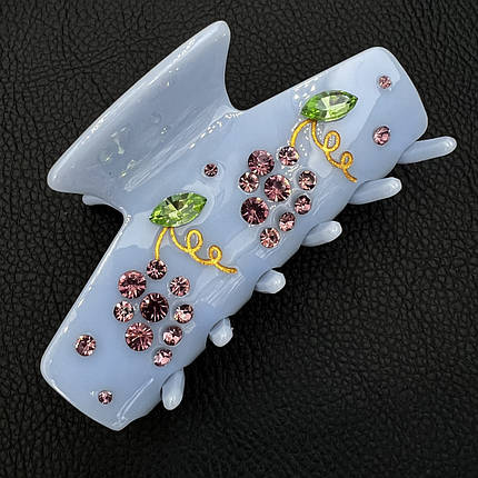 Краб для волосся міцний французький пластик глянсовий блакитний із виноградом і стразами довжина 4 см ширина 9.5 см, фото 1