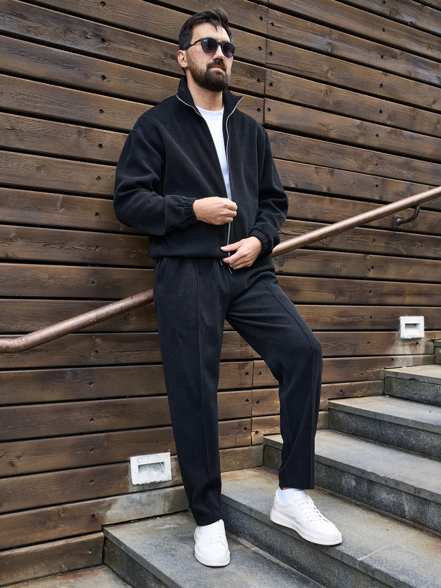 Чоловічий спортивний костюм вельвет в рубчик чорний без капюшону спортивний костюм чоловічий, фото 1