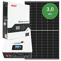 Гібридна сонячна електростанція 3 кВт з резервом 5,12кВт*год, фотомодулями 3кВт і LiFePO4 АКБ