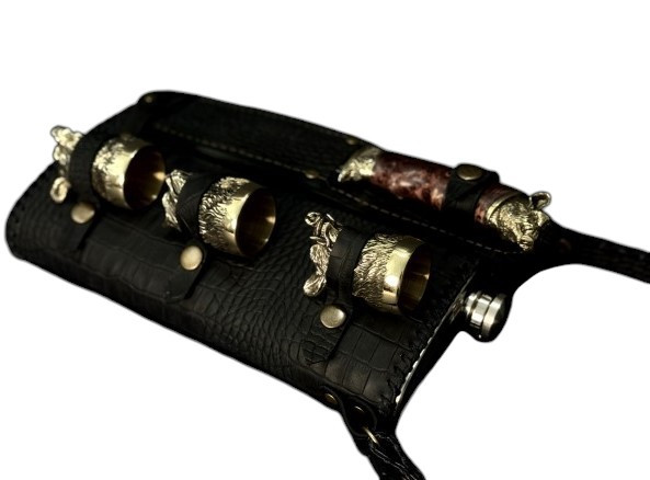 Набір Мисливський три чарки з ножем на флязі (фляга 28х19х5 см, чарки 3шт 50 мл, ніж 29 см), фото 1