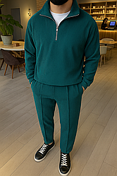 Чоловічий спортивний костюм без капюшону зелений вельвет в рубчик