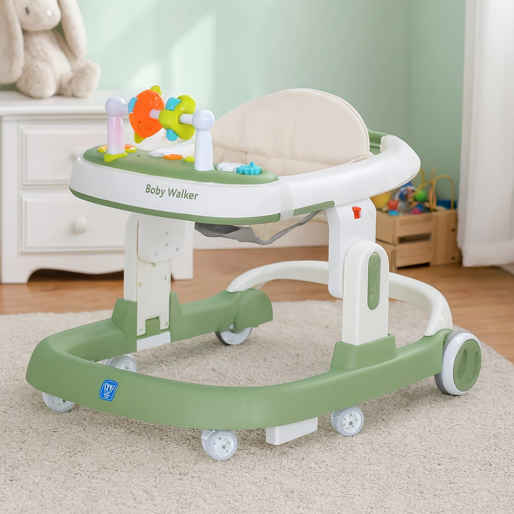 Дитячі ходунки Bambi M5032L-5 – зелені, з музикою та підсвічуванням, стопором та шкіряним сидінням, фото 1