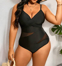 Купальник суцільний. Чорний. Вставки з сітки. Великі розміри.