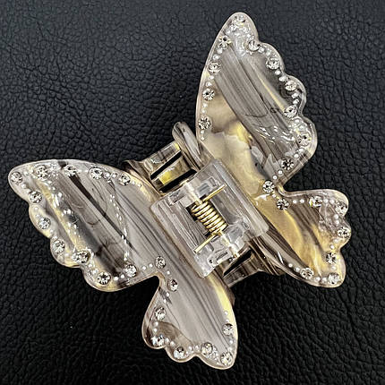 Краб для волосся французький пластик сірого кольору з візерунками метелик із сірими стразами розмір 6.5 см висота 6.5 см, фото 1