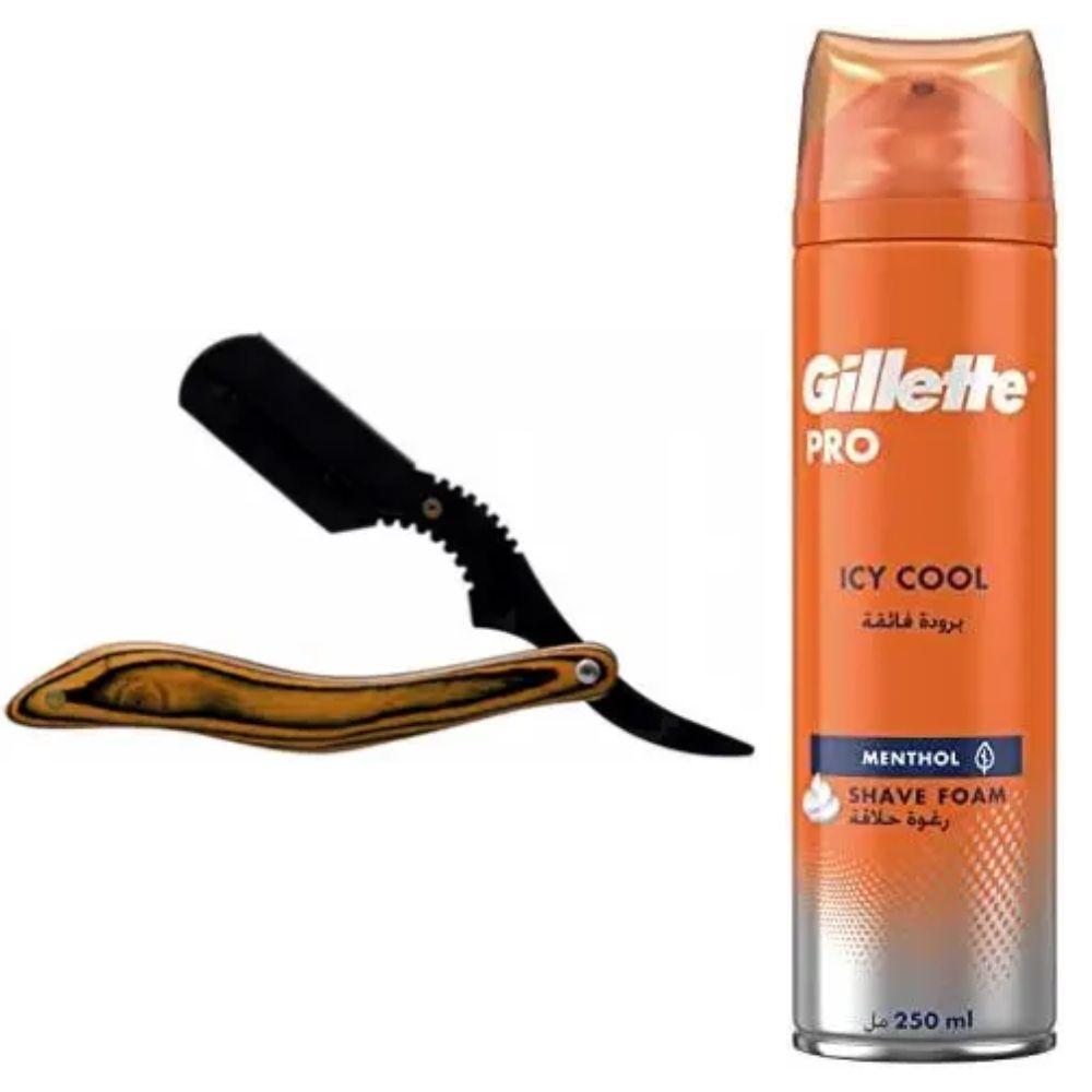 Небезпечна бритва/шавета розкладна Straight Razor + піна для гоління Gillette Pro Icy Cool з ментолом, фото 1