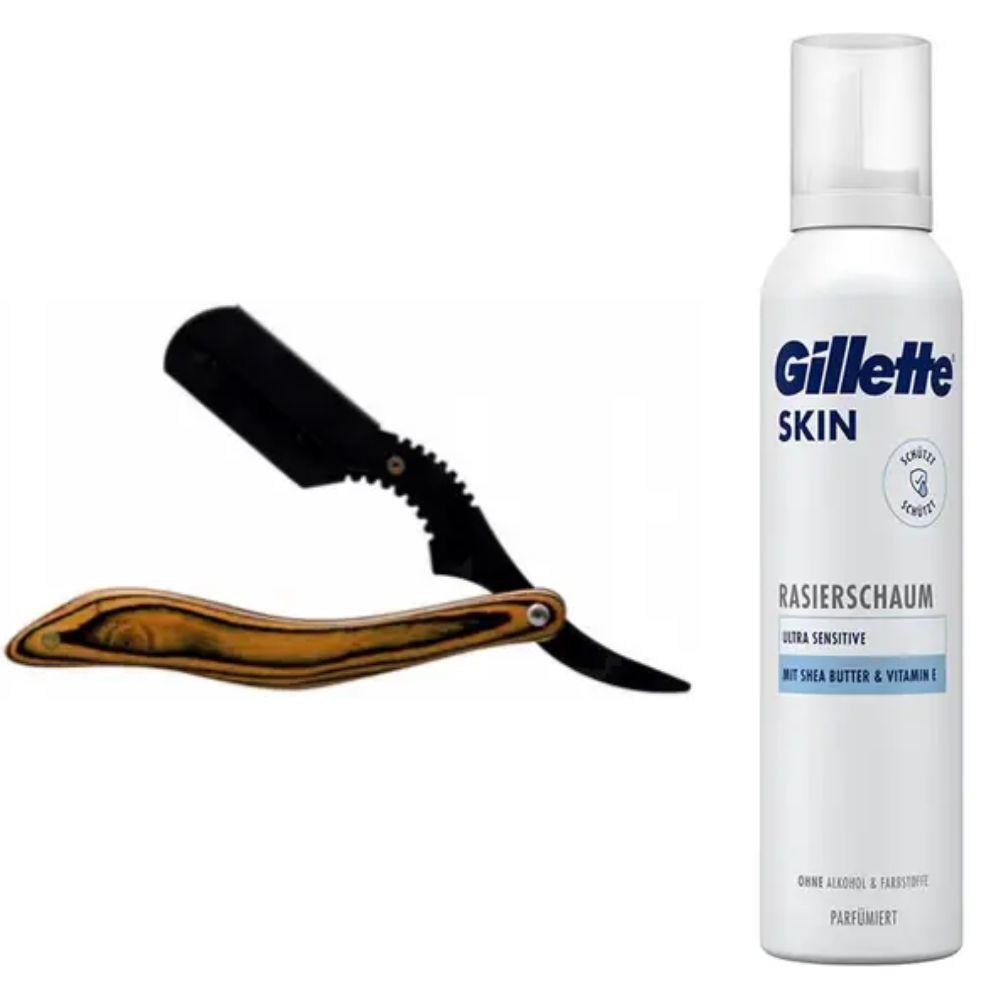 Небезпечна бритва/шавета розкладна Straight Razor + піна для гоління Gillette Skin Ultra Sensitive для надчутливої шкіри, фото 1