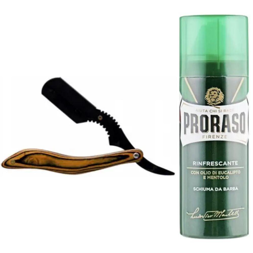 Небезпечна бритва/шавета розкладна Straight Razor + піна для гоління Proraso тонізуюча з евкаліптом і ментолом 100 мл, фото 1