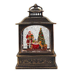 Ліхтар Новорічний Санта з подарунками та ялинкою з LED, USB, музикою та сніжним ефектом 21 см