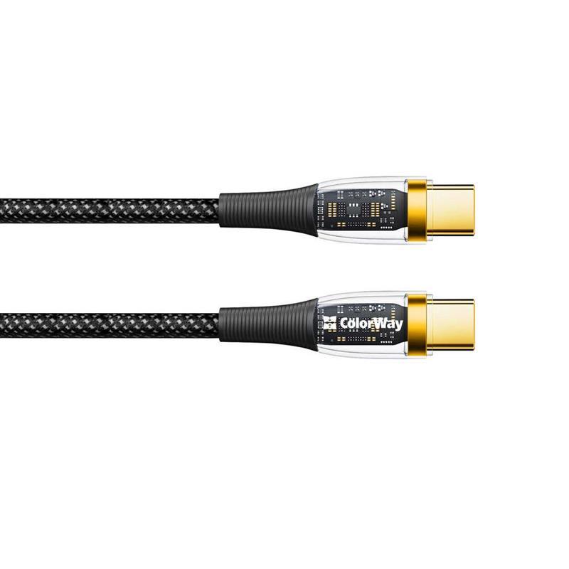 Кабель ColorWay USB Type-C - USB Type-C (M/M), прозора головка, PD швидка зарядка, 5 А, 100 Вт, 1.2 м, чорний, USB 3.2 Gen 1, фото 1
