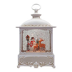 Ліхтар Новорічний Сніговик з оленями з LED, USB, музикою та сніжним ефектом 27 см